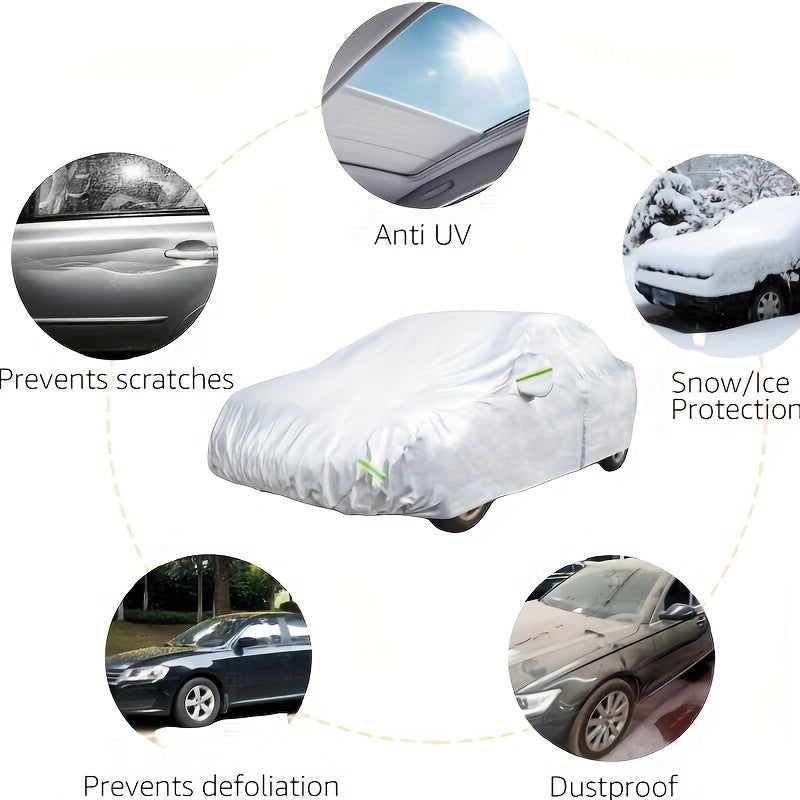 Car cover with UV and dust protection, suitable for cars, pickups, SUVs, and hatchbacks. Features reflective strip for added protection. Suitable for outdoor use.