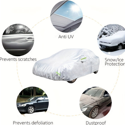 Car cover with UV and dust protection, suitable for cars, pickups, SUVs, and hatchbacks. Features reflective strip for added protection. Suitable for outdoor use.