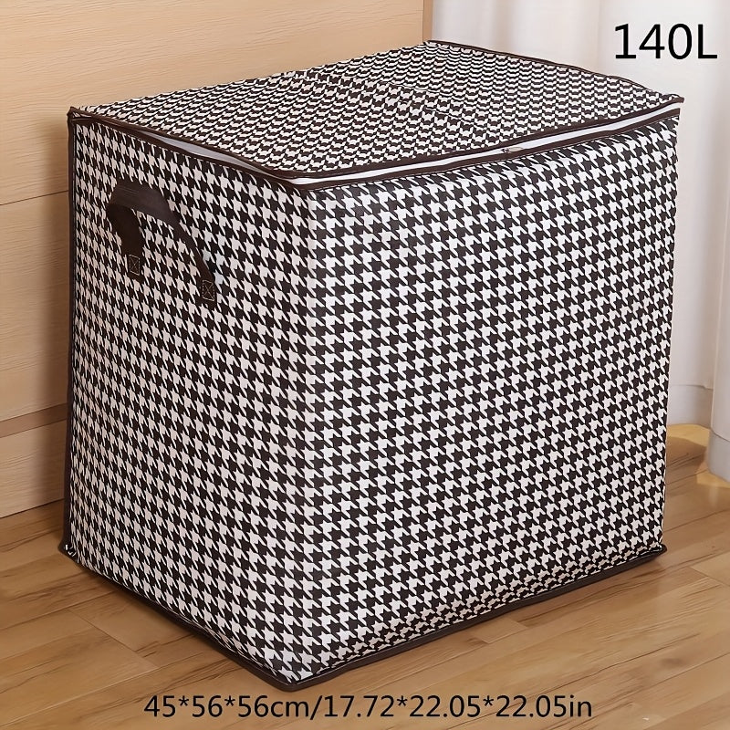 Foldable woven storage bag with fixed shoulder strap for casual use. Hand washable with zipper closure. Waterproof organizer for clothes and quilts, ideal for moving and travel. Casual