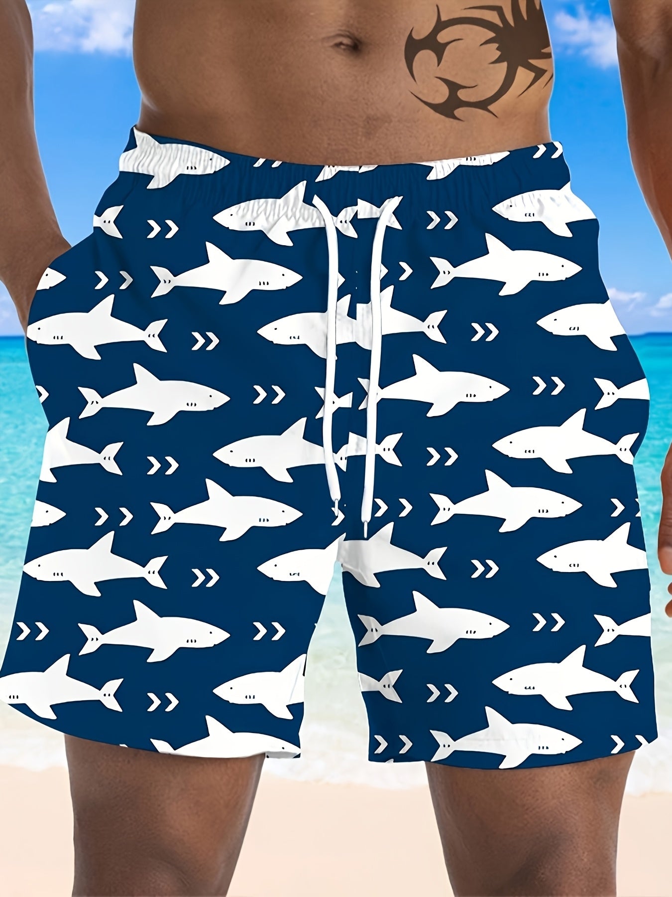 Quick-dry ocean style swim shorts for men with shark print, in plus size