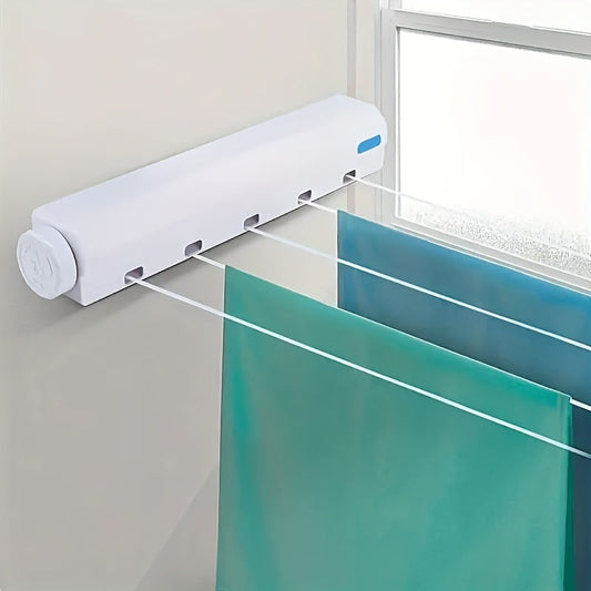 This retractable clothesline is perfect for saving space and can be mounted on the wall with four lines for hanging laundry. The automatic invisible design is made of durable plastic and measures 28cm in length and 50mm in thickness. Suitable for both