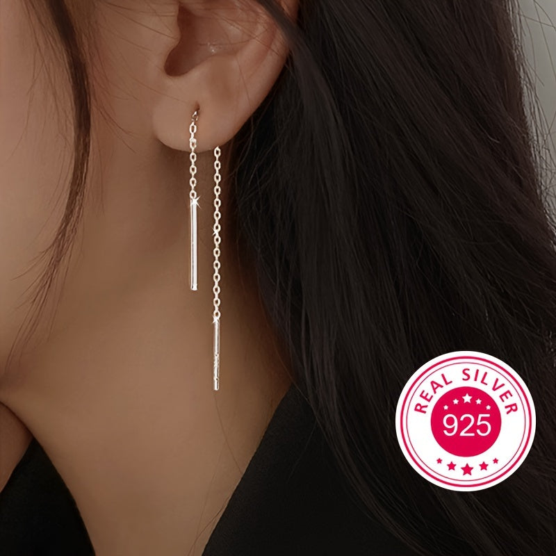 These stunning 925 sterling silver tassel earrings feature a sleek straight-line design and can be styled in multiple ways. Plated with 18k gold, they shine and sparkle brilliantly. Perfect for a Valentine's Day gift, they come beautifully packaged in a