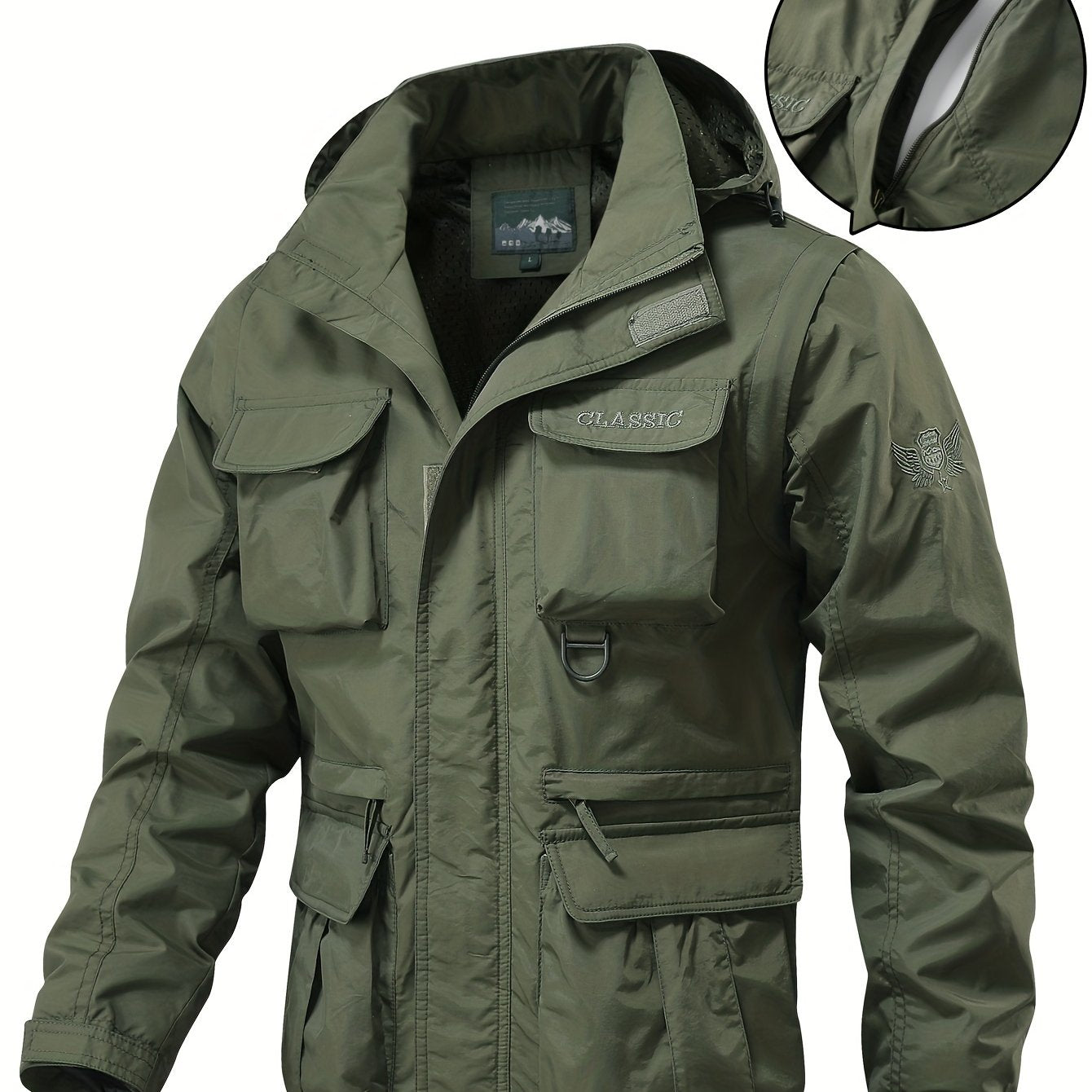 Men's Detachable Windbreaker Hooded Jacket with Multi Pocket Cargo Vest for Outdoor Activities.