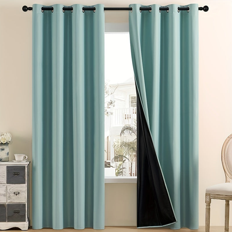 Two 100% Blackout Curtain Panels suitable for Living Room, Bedroom, Balcony, or Bathroom. These curtains feature a modern style with Grommet Top design, are water-resistant, and made of Fashion Blackout Drapes. They are made of All-season Polyester Woven