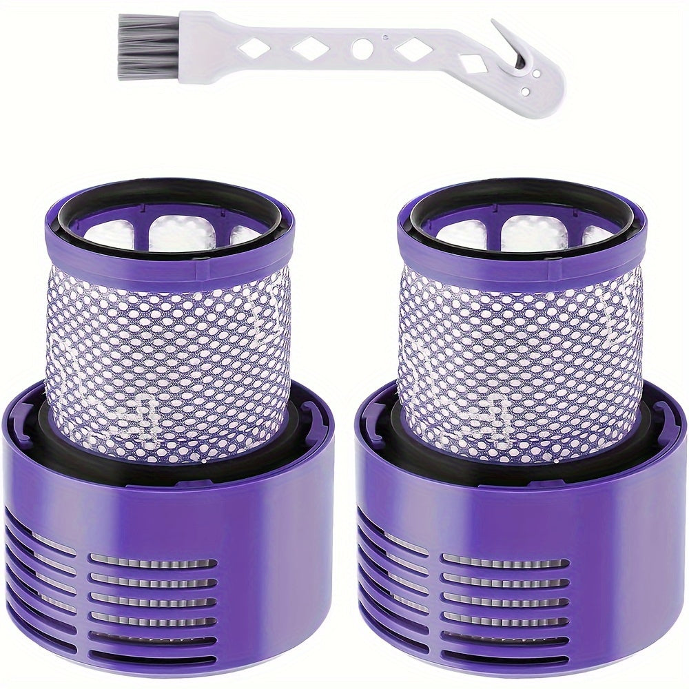 Get a pair of replacement V10 filters for Dyson Cyclone V10 vacuums, including Absolute, Animal, Motorhead, Total Clean, and SV12 models. These filters replace part # 969082-01.