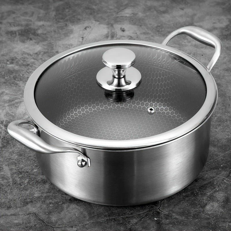 Multi-functional soup pot with lid that is non-stick and suitable for induction cooktops, making it ideal for both home and professional kitchen use on any type of stove.