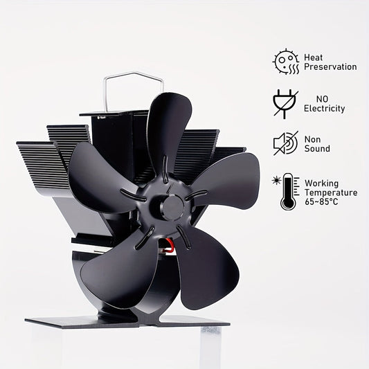 This portable metal fireplace fan features 5 blades for optimal heat distribution. The YL222 mini table fan operates without the need for electricity and includes multiple components for convenience. It provides efficient heat preservation, operates