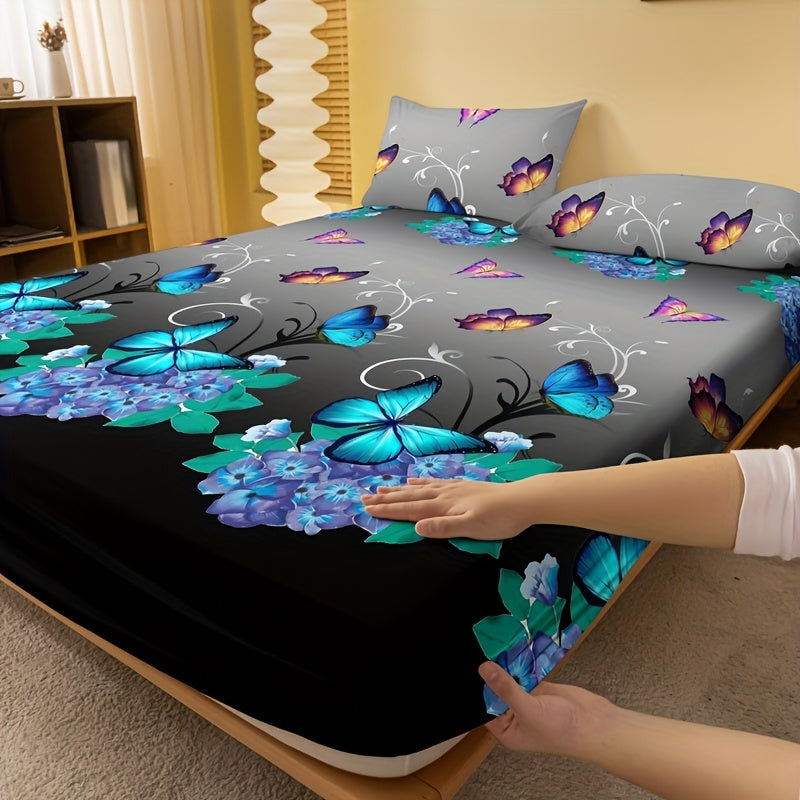 One piece of Butterfly Floral Print Brushed Fitted Sheet (Pillowcase Not Included), Soft and Cozy Bedding Mattress Protector for Bedroom or Guest Room, Featuring Deep Pocket for secure fit, Fitted Sheet Only