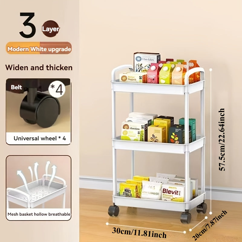 Multi-functional 3-tier plastic utility cart with wheels, no electricity required, perfect for home and outdoor camping. Portable storage organizer.