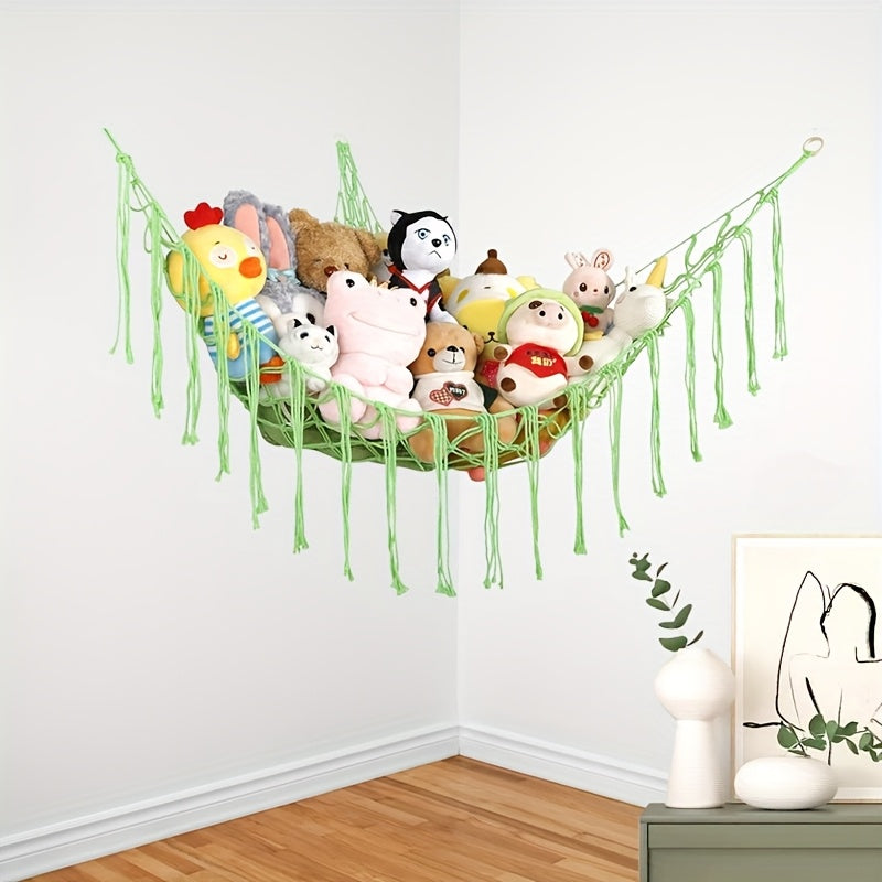 Large blue plush mesh hammock for storing toys in animal-themed corners, can also be used as a wall hanging decoration for plush toys.