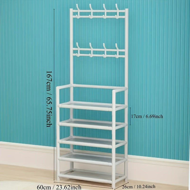 Freestanding Metal and Plastic Shoe Rack with 4/5 Tiers, 8 Hooks, and 2.27 KG Weight Capacity - Black/White Shoe and Clothes Organizer, Easy to Assemble.