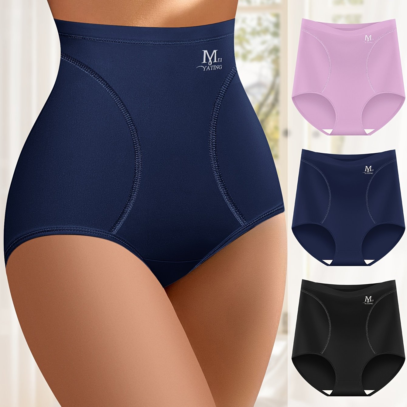 3 pieces of high waist briefs with letter pattern pipping, soft and comfy with tummy control. Perfect for women's lingerie and underwear.