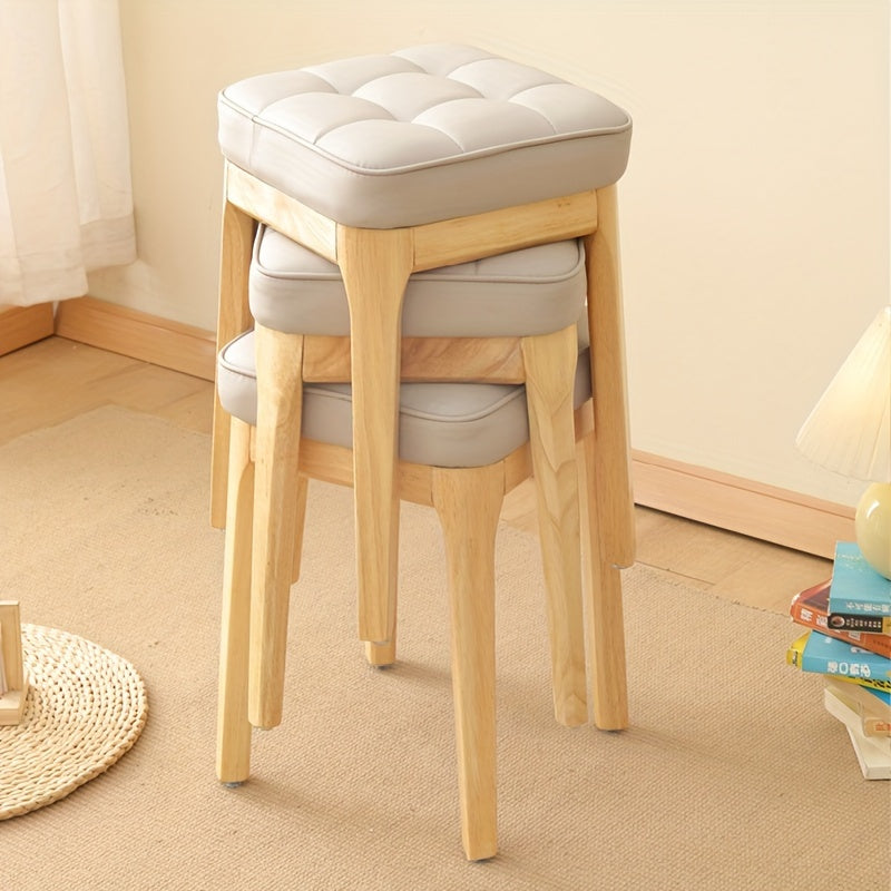 Light Luxury Solid Wood Soft Leather Stool, Stackable Square Stool for Living Room, Bench Table, or Dressing Stool