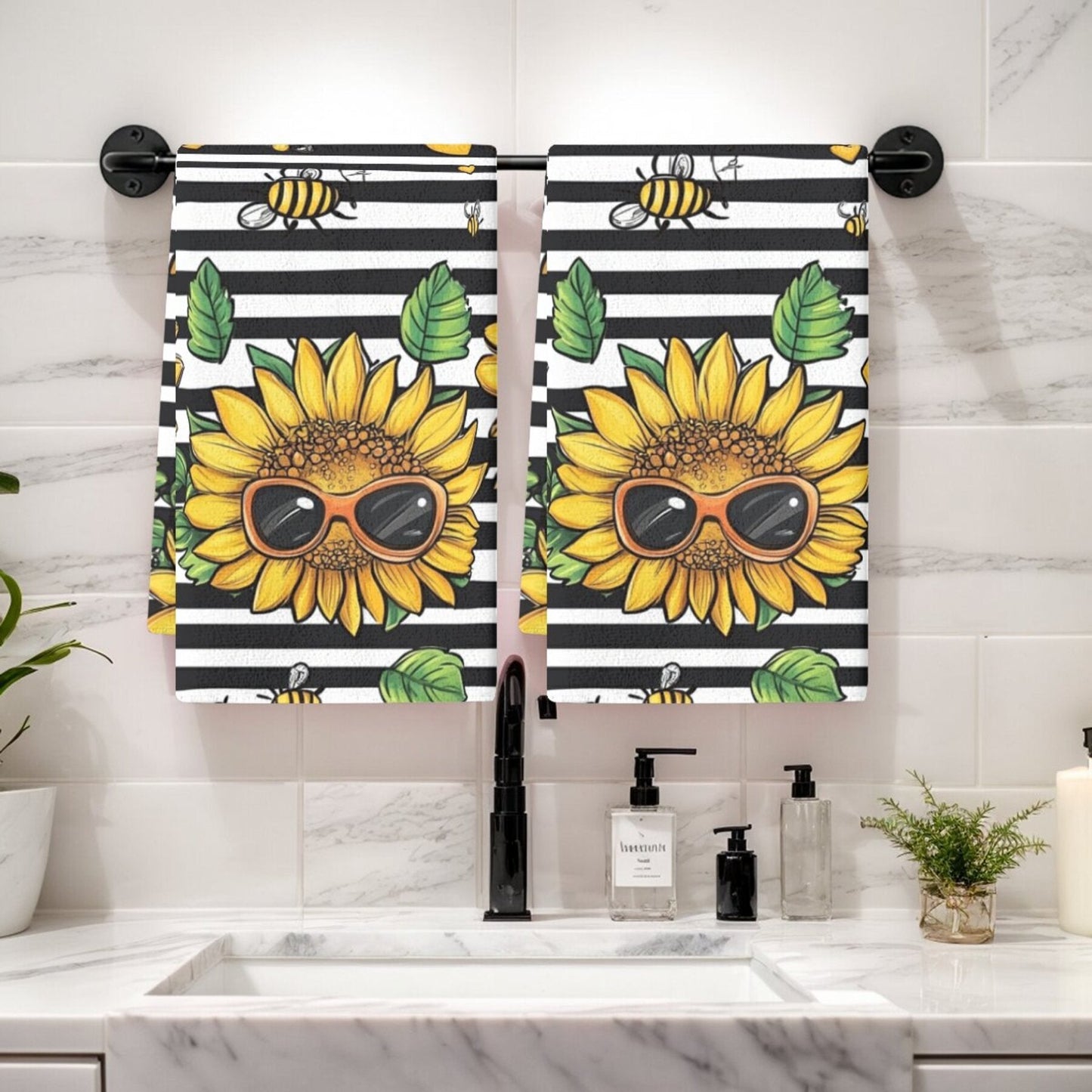 Two pieces of contemporary dish cloths featuring a sunflower pattern, made of woven polyester material. These oblong kitchen towels are designed with a floral theme and are suitable for hand wash only. Ideal for use in the kitchen.