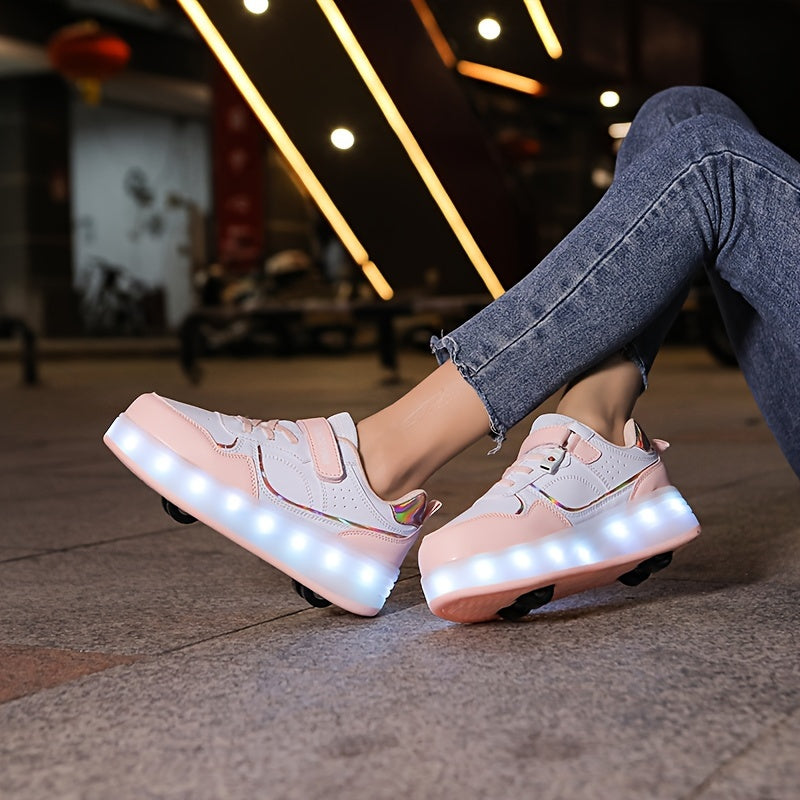 LED Light-Up Roller Skates for girls in Purple & White. Adjustable strap, Lightweight & Breathable. Ideal for outdoor fun and street style. Trendy youth sneakers with Pu Upper Skates.