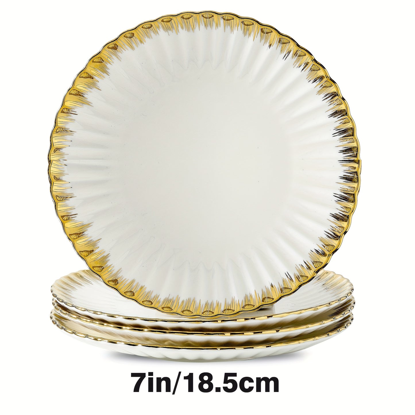 Set of 4 ceramic plates with golden rim, perfect for pasta, salads, and desserts. Dishwasher safe, ideal for home, dorms, and restaurants. Great housewarming gift.