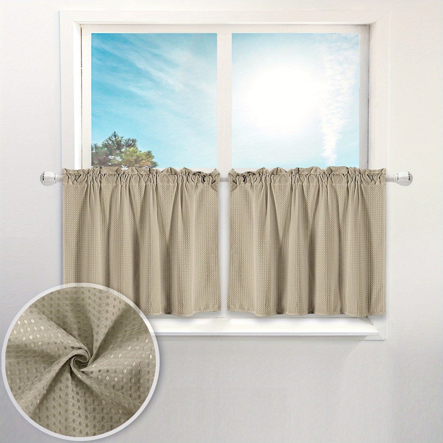 Set of 2 Waffle Weave Half Window Curtains. Waterproof Small Window Curtains for Bathroom, Ideal for Coffee Shops and Kitchens.