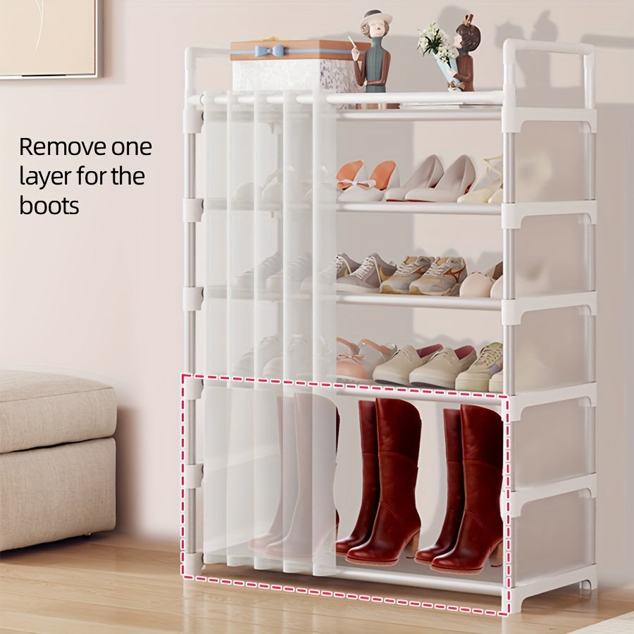 One-piece sturdy metal shoe rack with 5 layers of storage, complete with a door curtain for dustproof shoe storage. This simple and stylish shoe rack is perfect for organizing your living room, bedroom, dorm, or entrance. Keep your shoes neat and