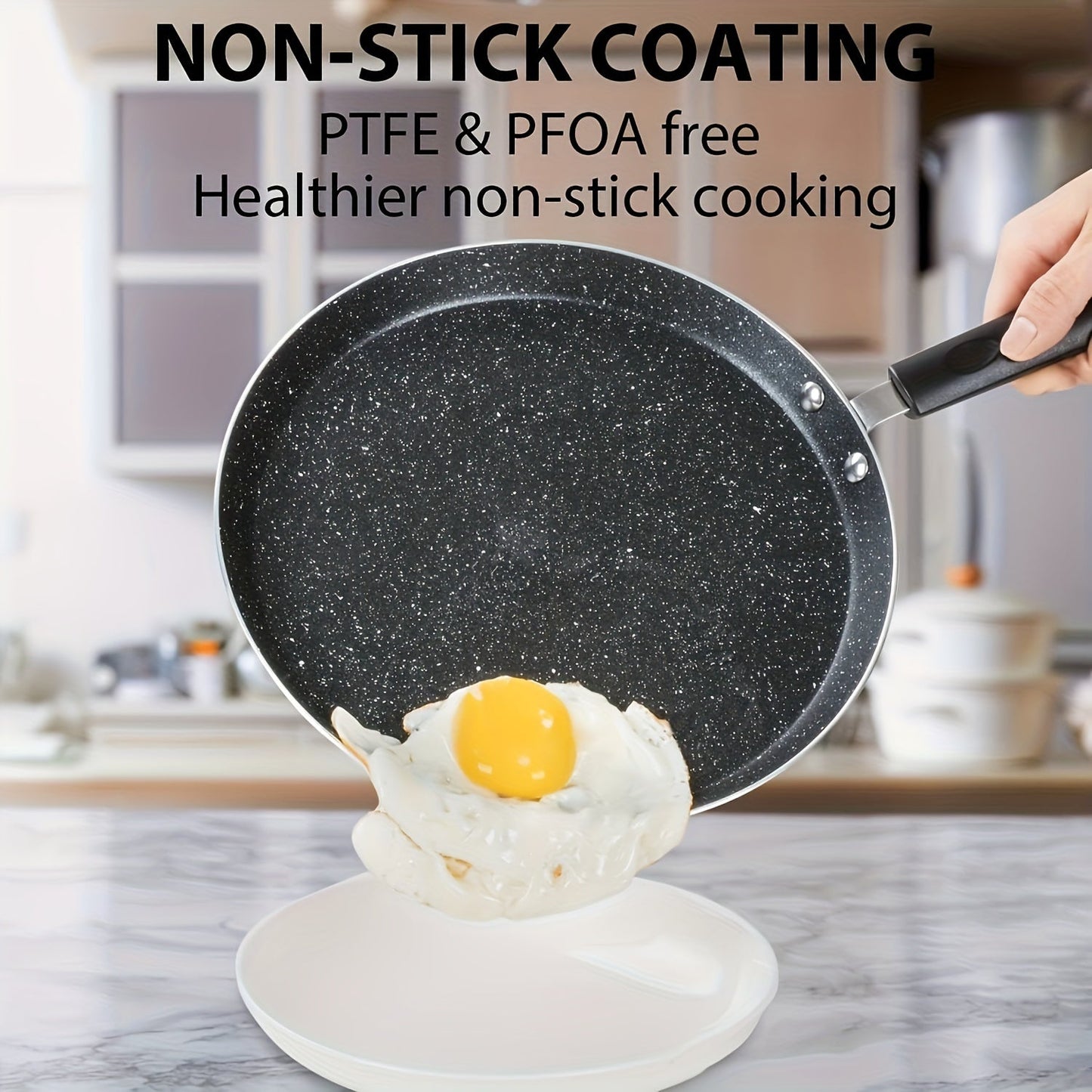 Non-stick pancake pan with diffuser, 10.5 inches in size and granite-coated. Versatile frying pan perfect for making pancakes, omelettes, burritos, chapatis, and more. Features a flat bottom and is suitable for use on induction cooktops. Free of PFOA and