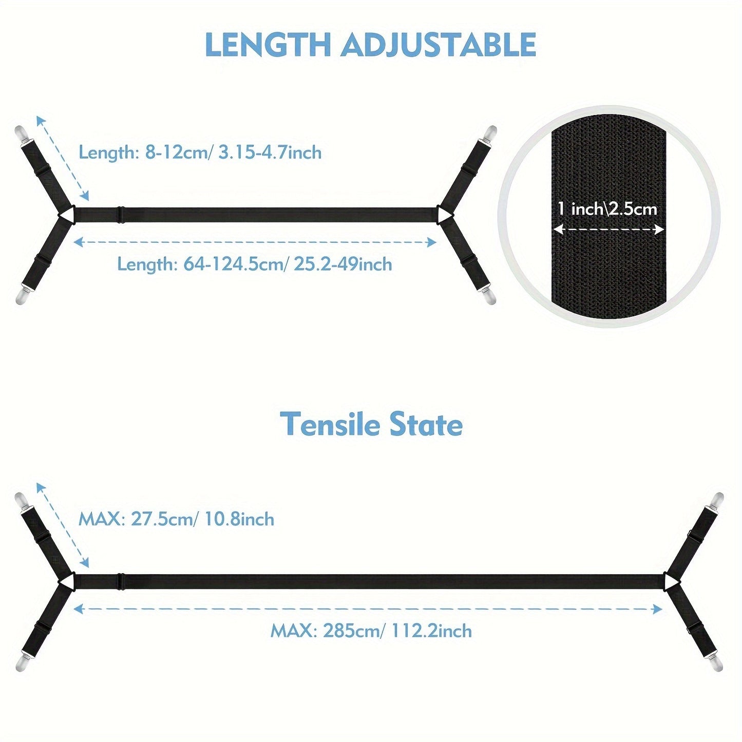Регулируемые ремни для простыней с металлическими зажимами - Набор из 3 штук | Эластичные застежки для натяжных простыней | Подходит для всех размеров матрасов