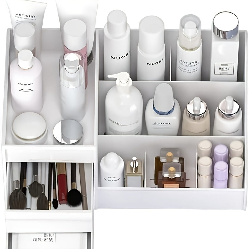 Plastic cosmetic organizer with drawers for makeup storage, lightweight and no electricity required.