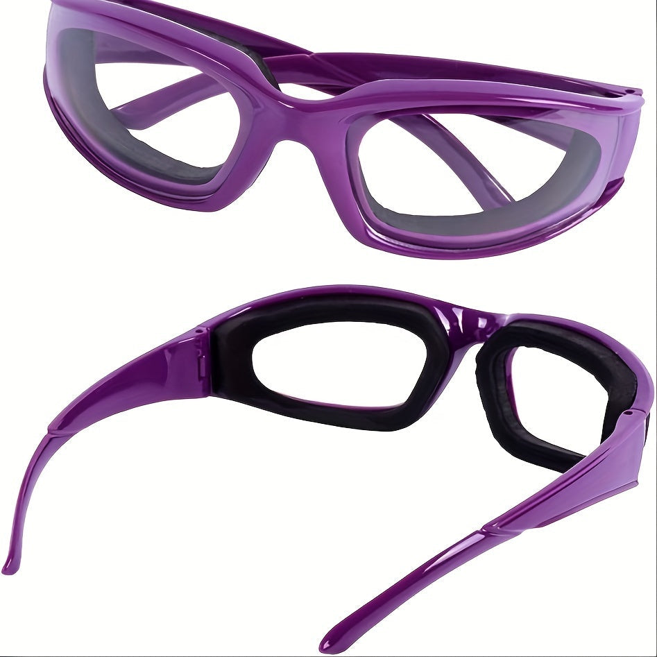 Kitchen Onion Cutting Goggles designed to protect eyes during chopping, made from anti-spicy material and splash-proof coating. Suitable for use in the kitchen to guard against eye irritation. Crafted from food-grade plastic for safety.