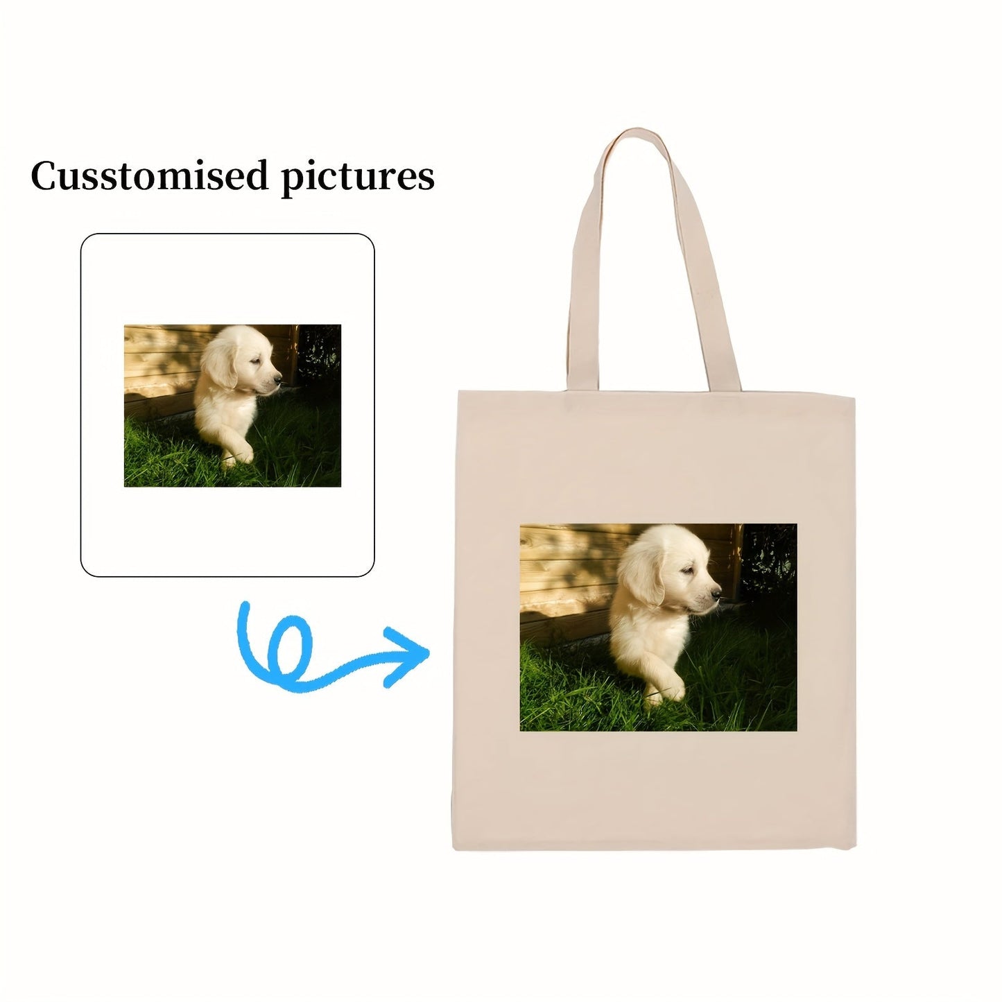 Customize your own puppy style hot print canvas bag with this pack of 2 bags. Simply send us the picture you want to use, and we will design and print it onto the canvas bag in a simple and fashionable style. Choose from 3 different colors for your bag