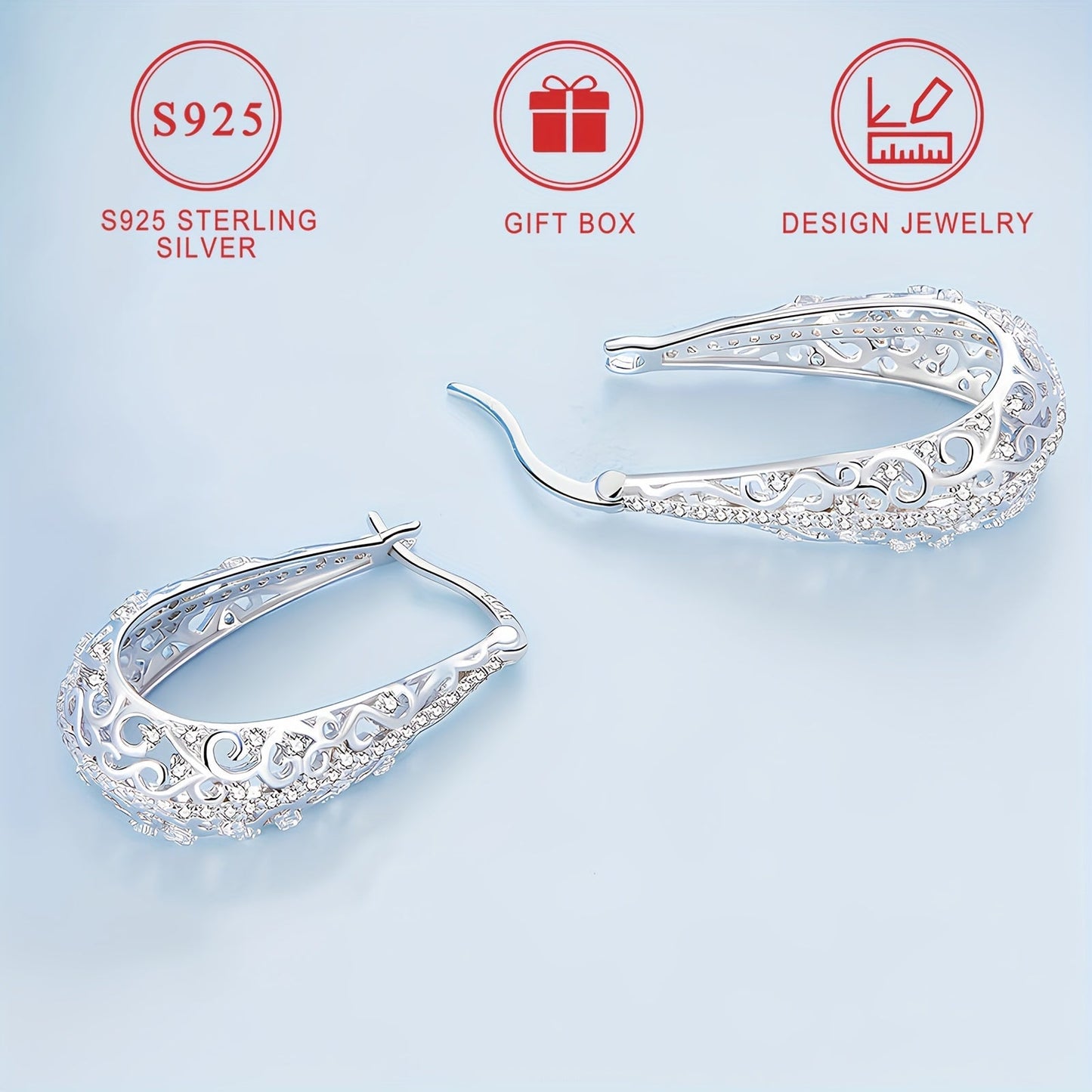 Pair of large earrings weighing approximately 3.4g with 925 pure Silver, boasting a low allergy level. These elegant earrings feature a female Zirconia flower pattern, electroplated with luxurious 18K Gold. A fashionable and exquisite piece of jewelry