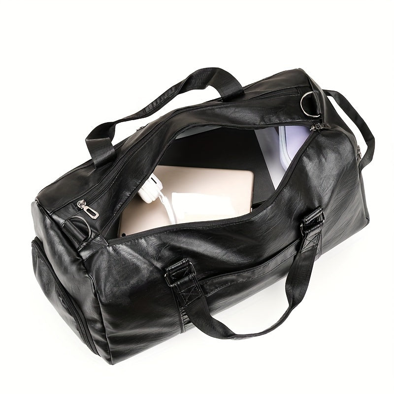 Fashionable unisex black travel duffel bag with independent shoe compartment and wet/dry separation for gym or business trips.