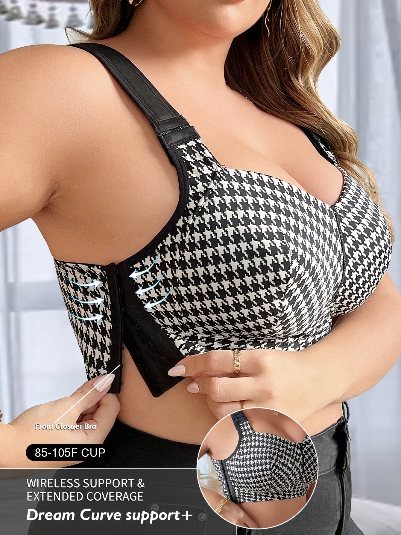 Houndstooth bralette kattalar uchun, nafis mato bilan, simsiz, to'ldirishsiz, o'rtacha cho'zilish, va bir parcha uslubida appliqué tafsilotlari bilan.