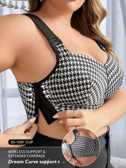 Houndstooth bralette for plus size with elegant fabric, wireless, no padding, medium stretch, and applique detail in a one-piece style.