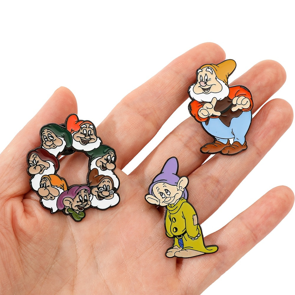 Three Disney Seven Dwarfs Enamel Pins featuring adorable cartoon characters, made from Zinc Alloy. These metal badges are perfect for adding a touch of whimsy to clothing and backpacks. They make an ideal Christmas gift or party accessory, suitable for