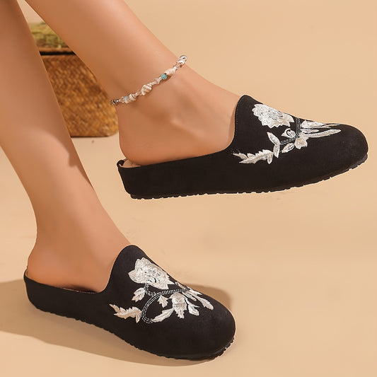 Stylish black embroidered floral mules with soft rubber sole and faux cover lining for comfortable year-round wear.