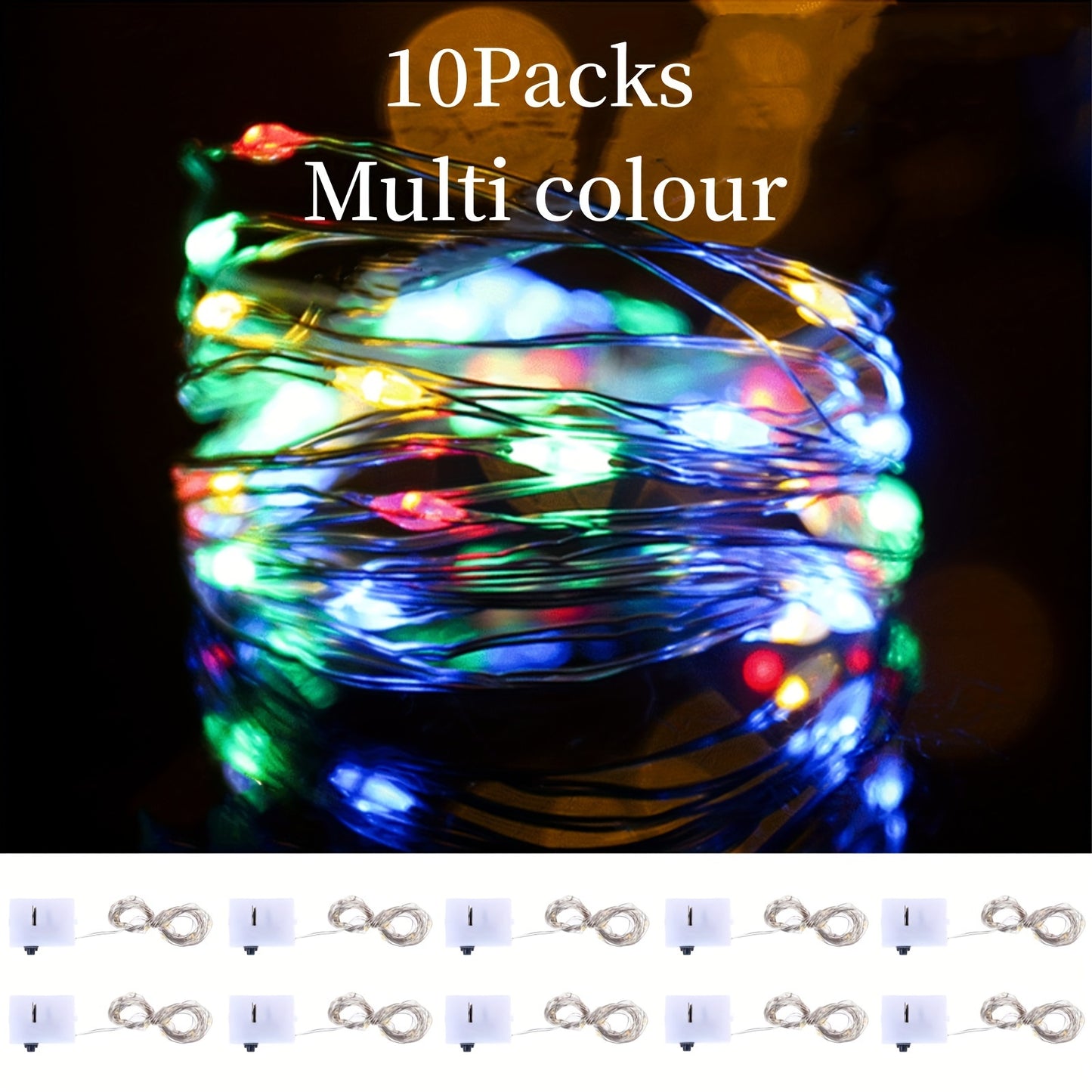 Battery operated LED string lights in a 10-pack, available in lengths of 99.06cm, 198.12cm, and 299.72cm with 10, 20, or 30 LEDs. Perfect for indoor decoration such as BOBO balloons, parties, weddings, and Christmas, these lights create a warm and