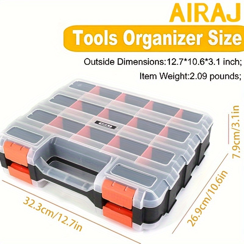 AIRAJ Double-Sided Parts Box, 34 Compartment, Black and Orange color, made of bamboo fiber and plastic, high-quality and durable, no assembly needed, uncharged, battery not included.