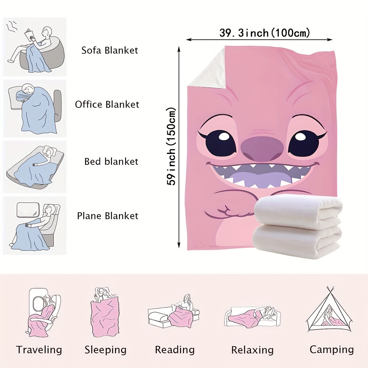 Pink plush throw blanket featuring a contemporary cartoon design. Made from soft polyester knit fabric, this multipurpose bedding is suitable for all seasons. Perfect for adding comfort to your bed, sofa, office nap, or as a travel blanket. Makes an