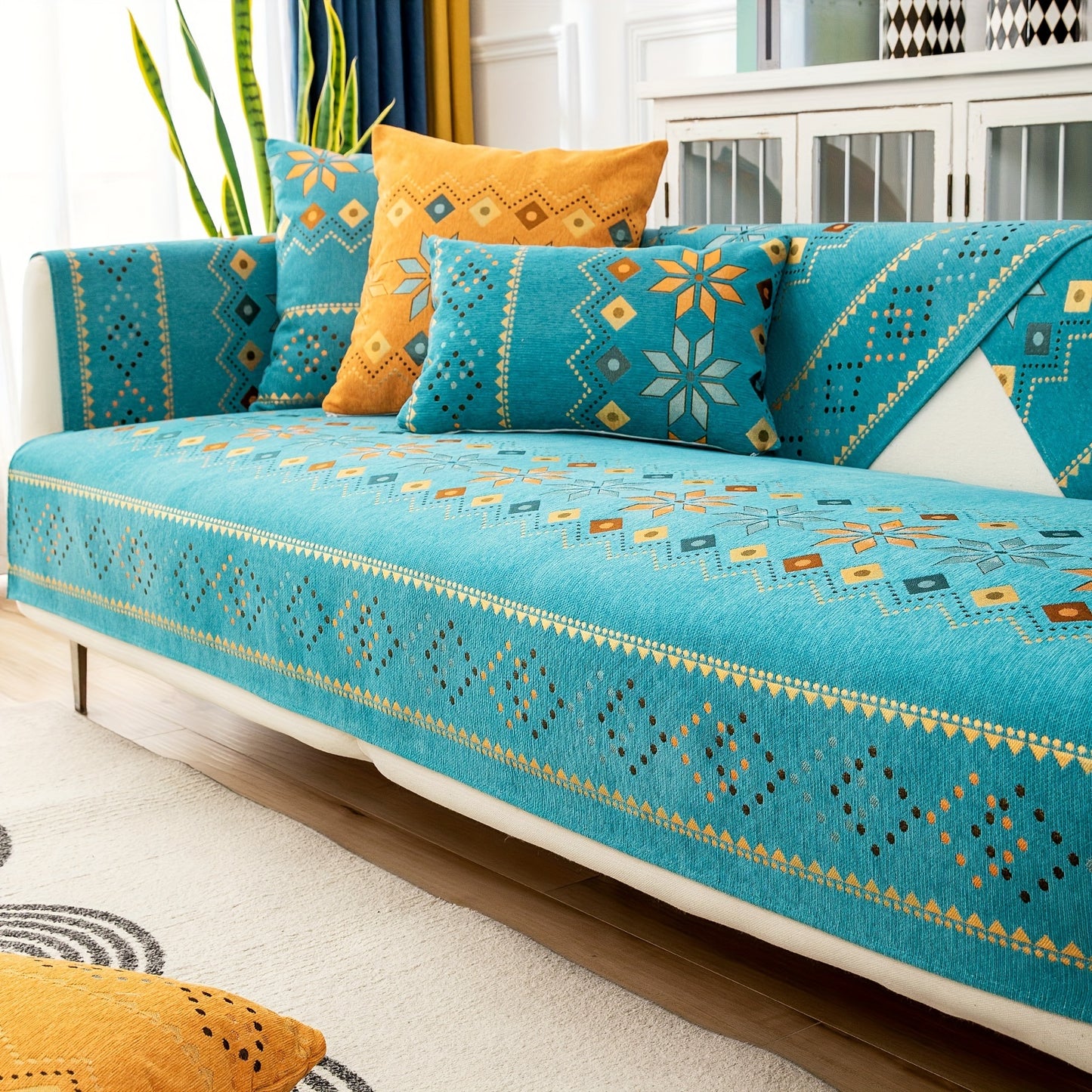 Bohemian-style Sofa Slipcover with Embroidery, Pillowcase and Cushion Covers. Suitable for Bedroom, Office, Living Room Home Decor.