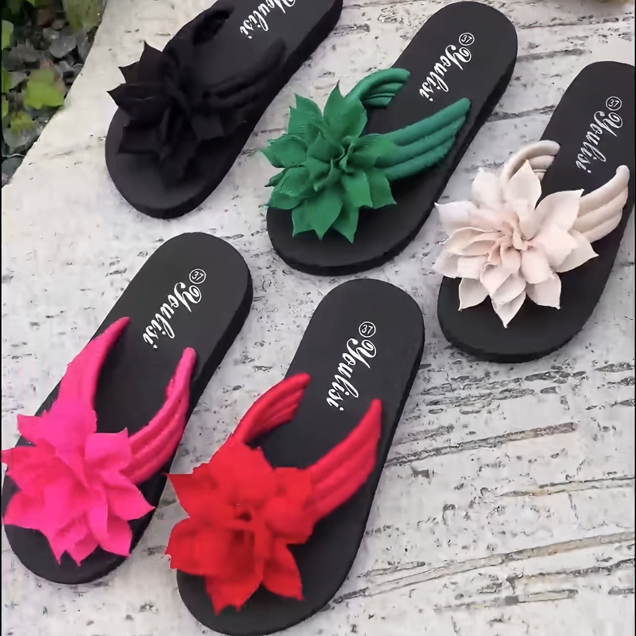 Women's floral embellished flip-flops with fabric upper, EVA sole, and mid heel, perfect for all-season wear. Originating from Taizhou, designed for North America and European special