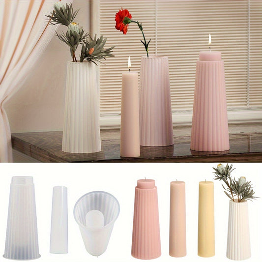 Silicone mold for making striped flower vase, aromatherapy candle, plaster table ornament, pen holder, and epoxy resin home decorations.