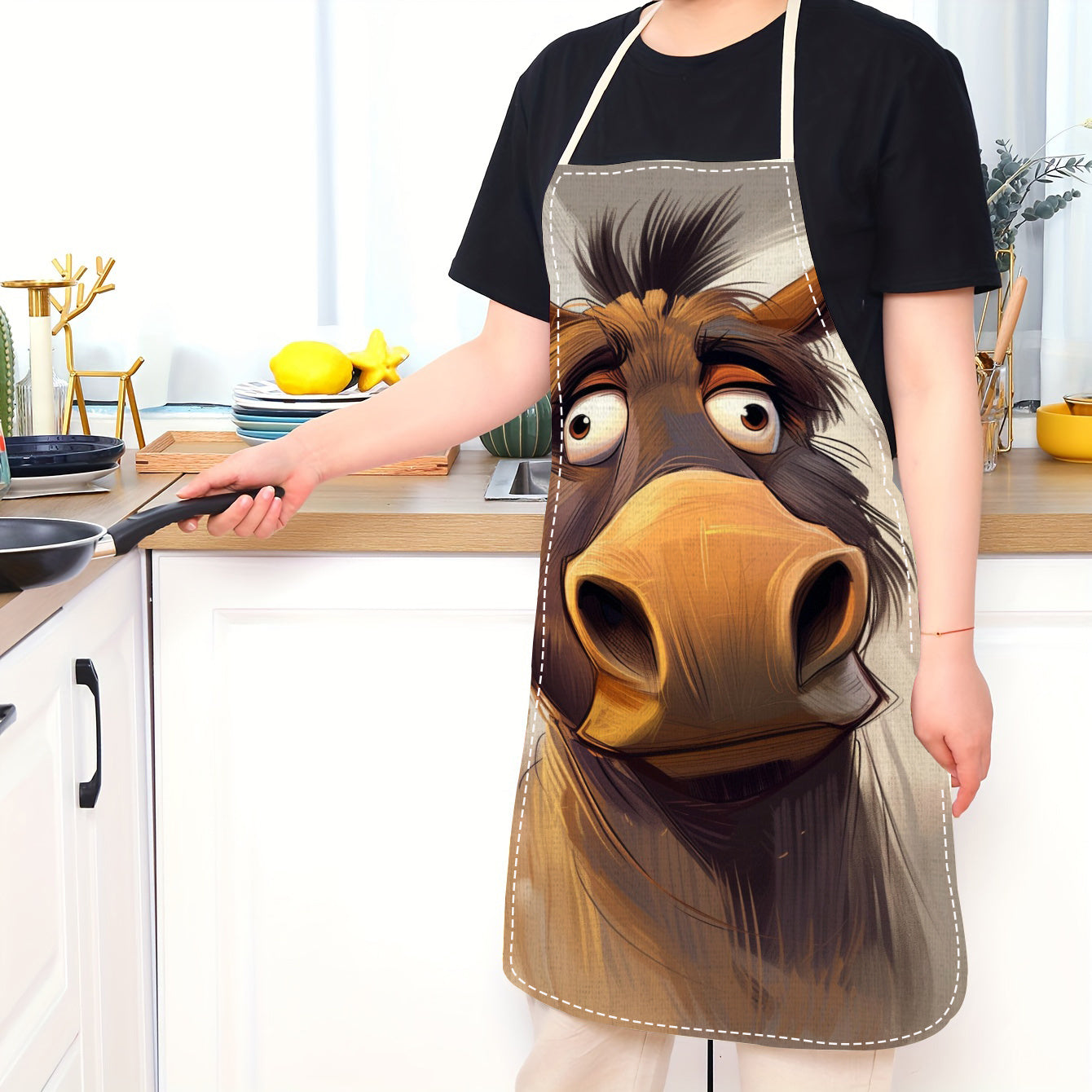 Sleeveless Adult-Sized Linen Apron featuring Whimsical Horse Face Print | Durable & Lightweight Kitchen Wear with Glossy Finish | Perfect Home Cooking Bib | Must-Have Culinary Accessory for Plus Size