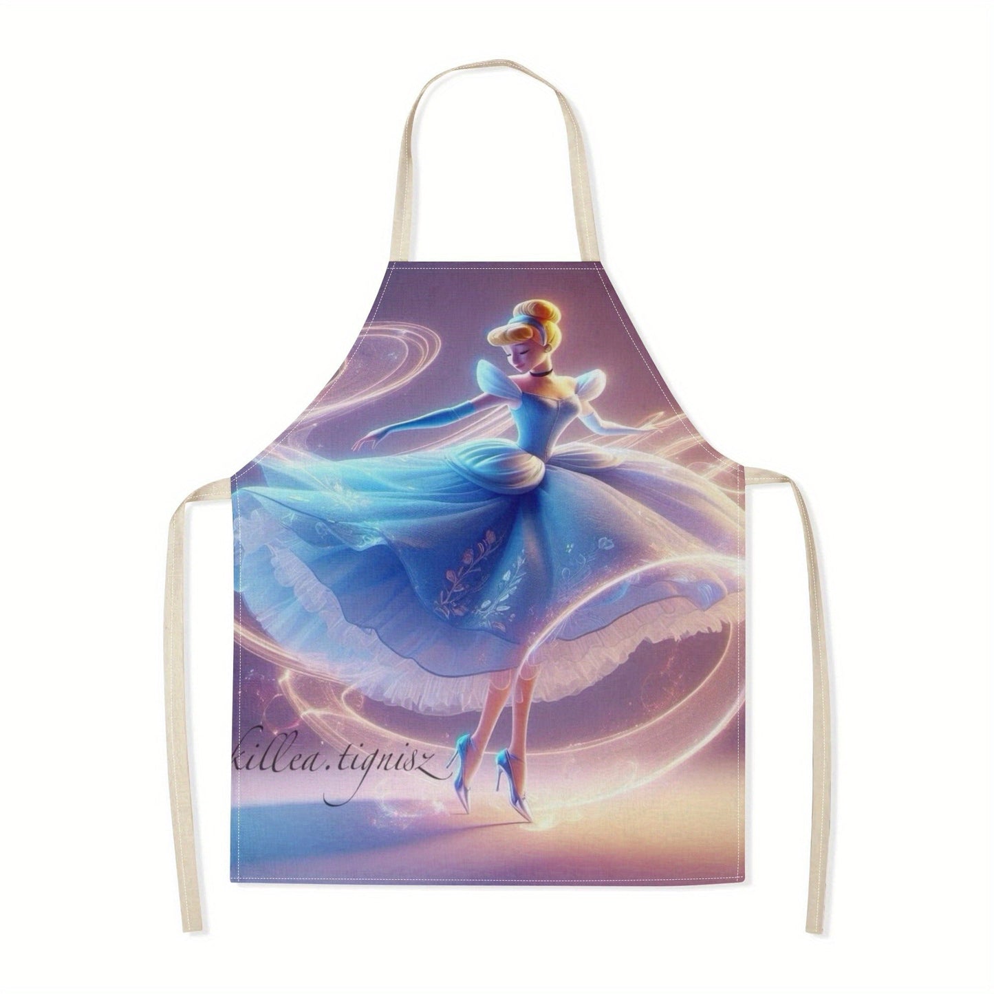 Waterproof apron featuring Disney's Cinderella cartoon character in a vibrant blue dress with a floral design. Made of durable polyester, perfect for use in hotels, supermarkets, restaurants, fruit shops, milk tea stands, and at home.