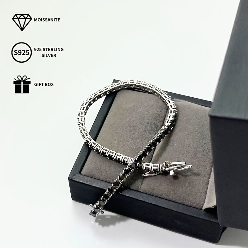 This stunning S925 Sterling Silver Black Moissanite Tennis Bracelet features a 0.1ct single stone and is the perfect accessory for daily wear, parties, and special occasions. It comes with a certificate and gift box, making it an ideal gift for