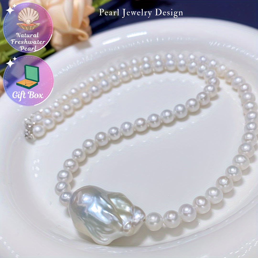 A stunning Natural Baroque Freshwater Pearl Necklace crafted with elegance for women, featuring a unique minimalist design. This versatile piece is perfect for both daily wear and formal events, making it an ideal gift for Mom, your lover, or siblings.