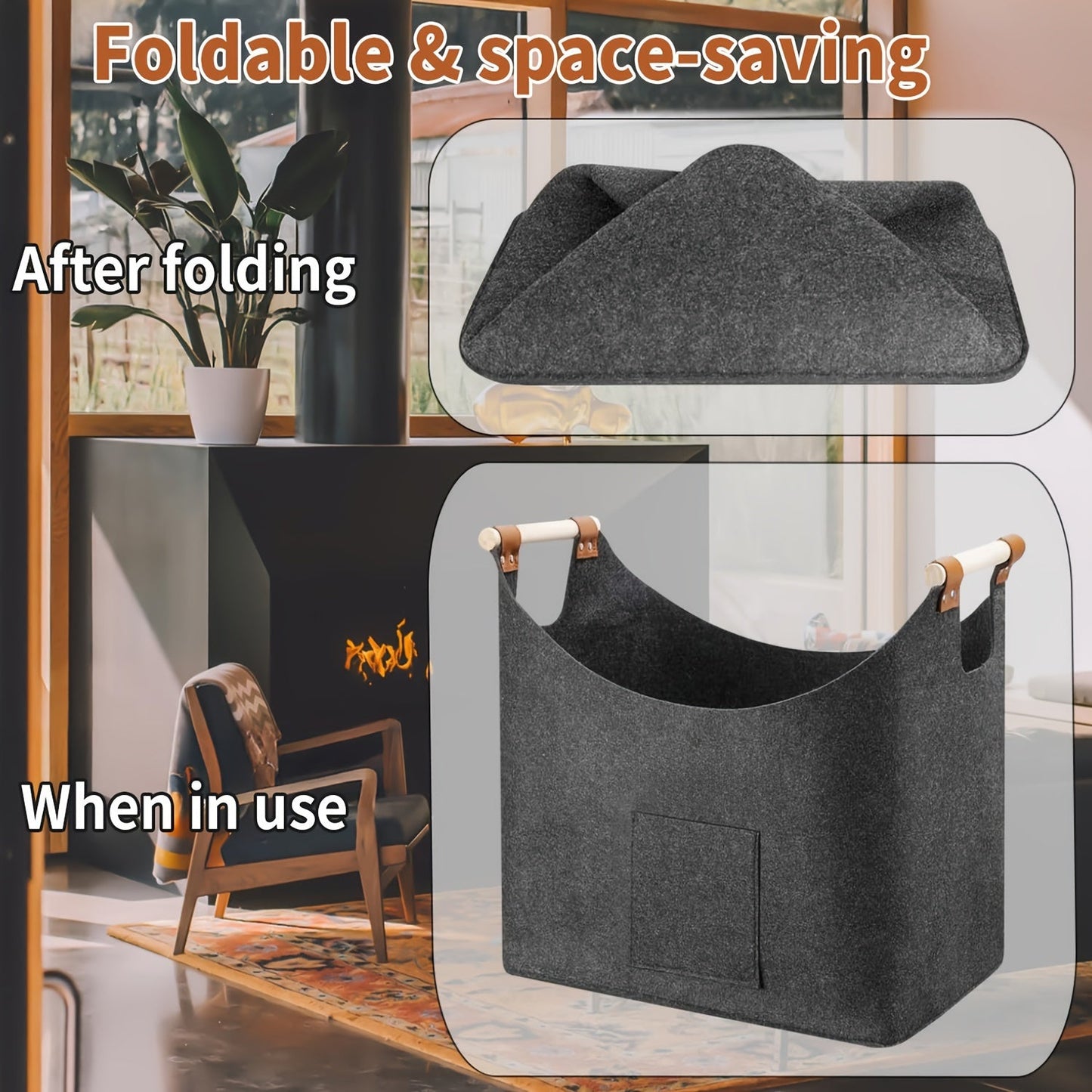 Two extra large 55L felt log baskets designed for fireplaces. These baskets are durable and thickened for indoor wood storage. They feature extended handles and a foldable design, making them ideal for storing firewood and vegetables. The baskets are a