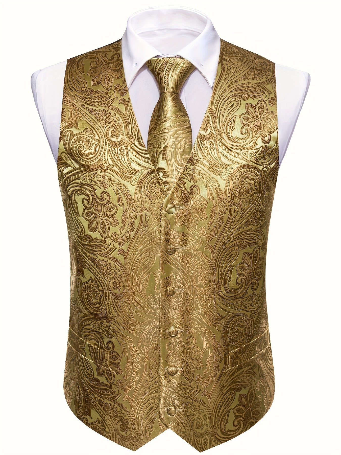 Royal golden floral jacquard V-neck vest suit set for plus size men, perfect for weddings.