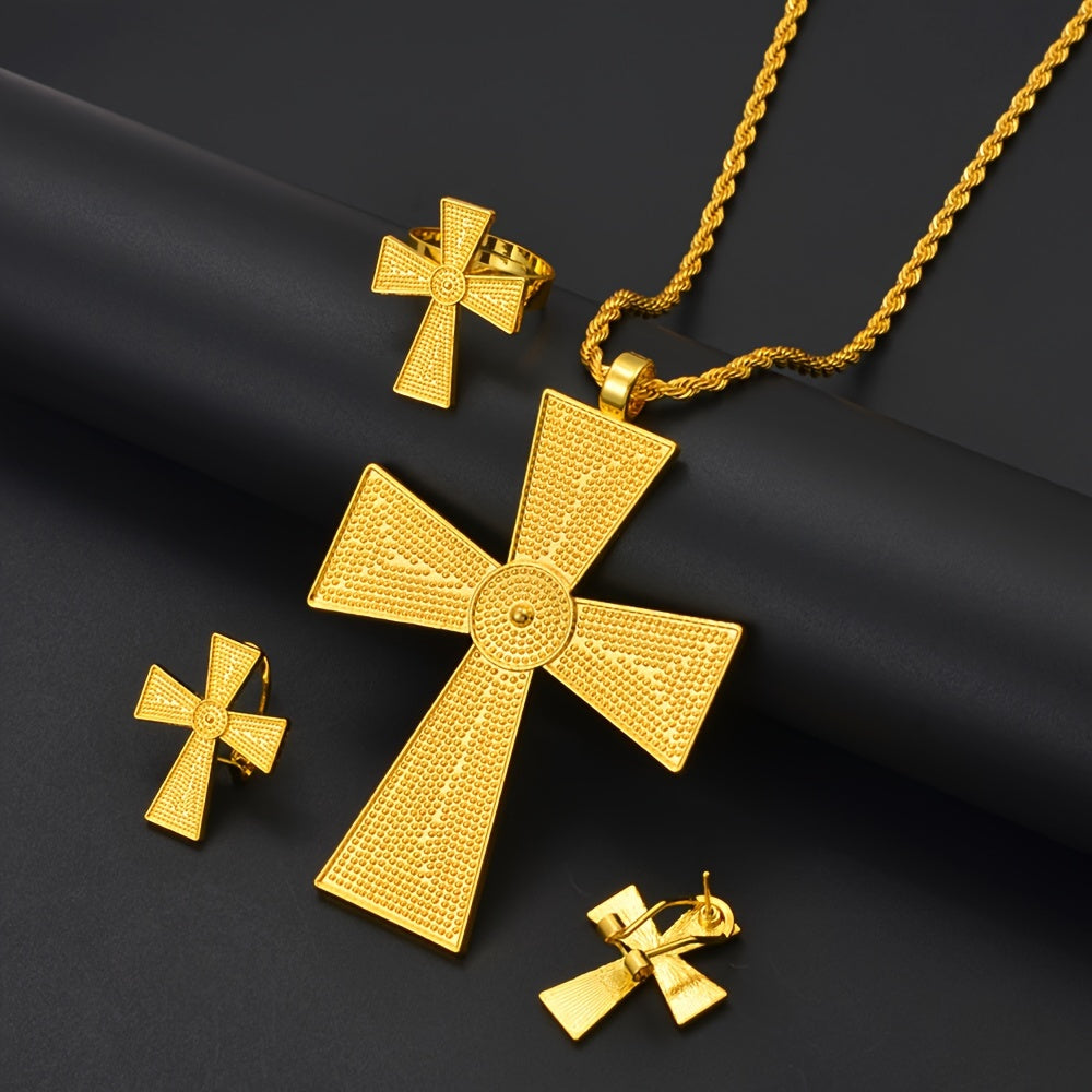 Elegant Punk Style Personality Female Gift Set featuring 1 Pair of Stud Earrings, 1 Necklace, and 1 Ring - crafted from Zinc Alloy and 18K Plated with a Cross Design.