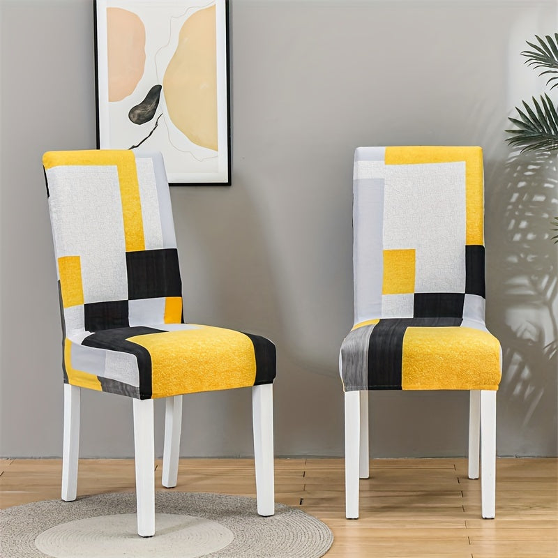 Set of 4/6 elastic dining chair slipcovers with geometric print for home, hotel, restaurant, banquet decor protection.