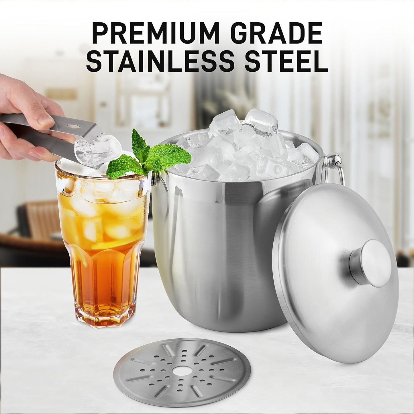 Large 3L Stainless Steel Double-Walled Ice Bucket with Lid, Strainer & Tongs - Ideal for Outdoor Gatherings, Bars, and Parties