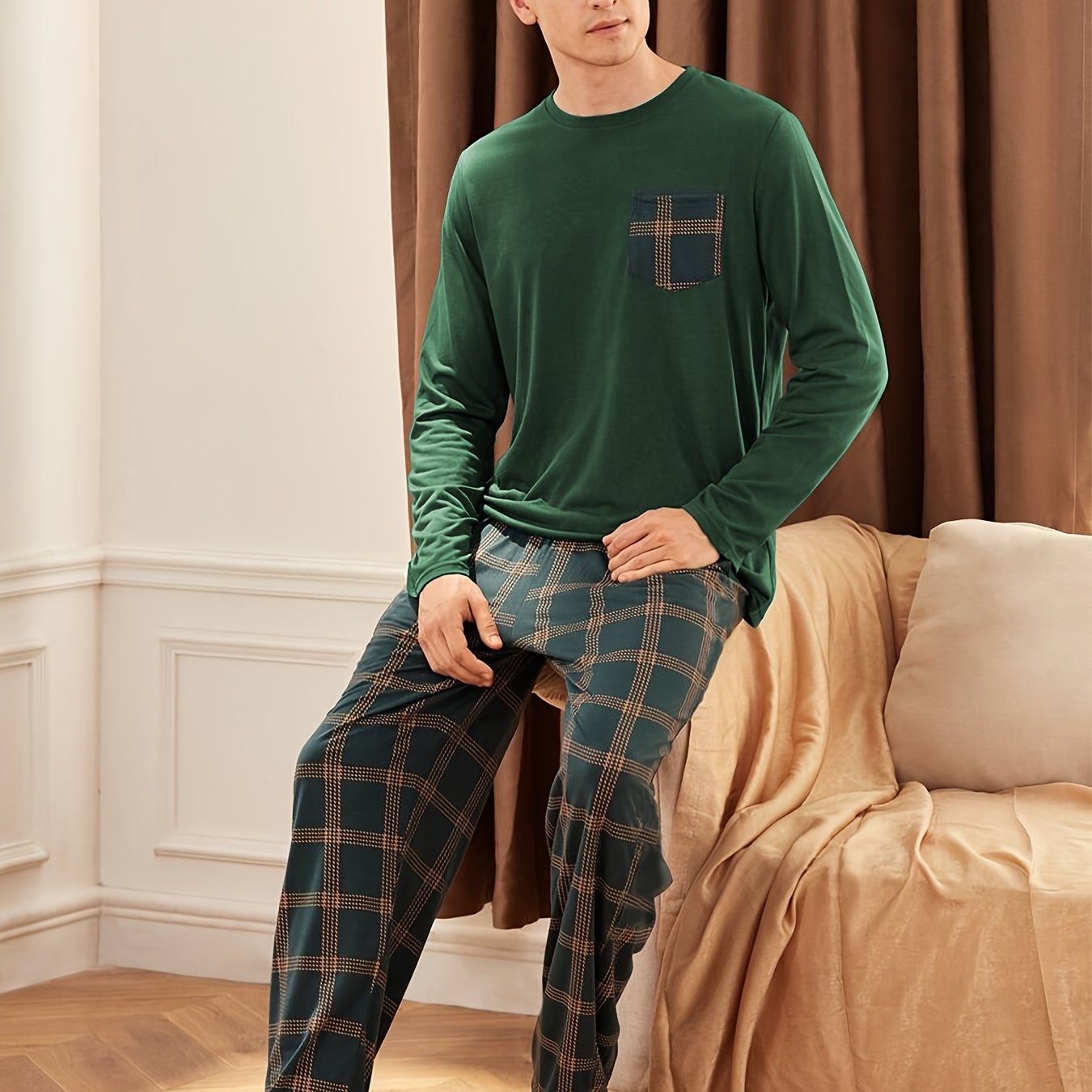 Dark green men's long-sleeve shirt and plaid trousers pajama set