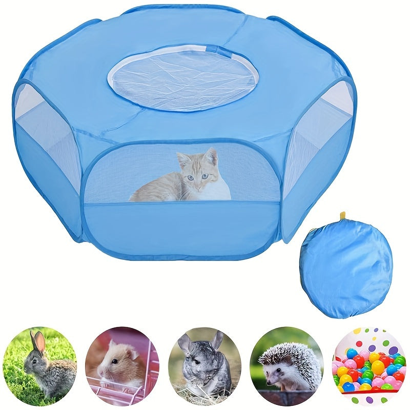 Portable foldable pet playpen made with durable PE material and cover, suitable for small animals.